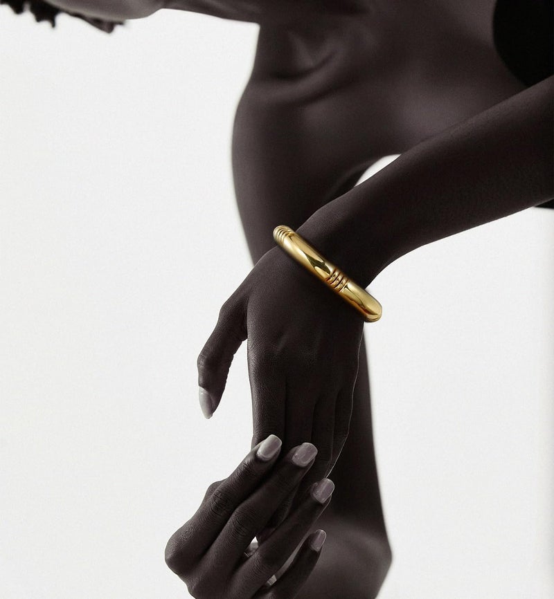 Badu Gold Chunky Bangles Bracelets For Women 14k Gold Plated Stack Layered Curved Bamboo Tube Stretch Bracelets Gift Jewelry - Image 5